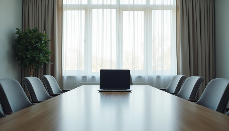 Eye-level view of a modern conference room with a single chair and a laptop on the table