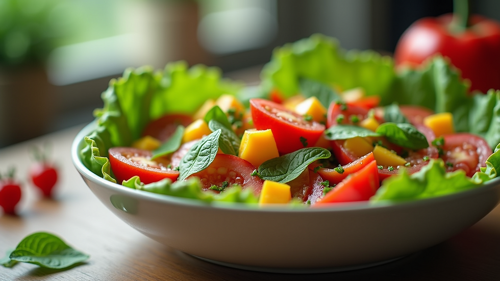 Close-up view of a colorful salad bowl filled with fresh vegetables