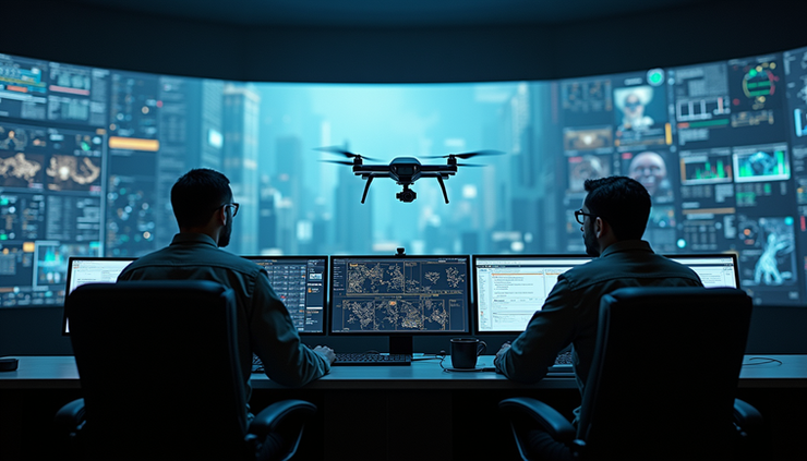 Eye-level view of a military drone control station with AI interface