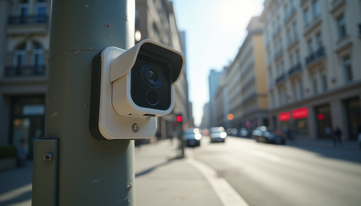 Eye-level view of a facial recognition camera mounted on a city street corner