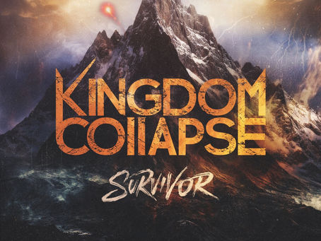 Mountain peak under cloudy skies with bold text "KINGDOM COLLAPSE" and "Survivor" overlay. Dark, dramatic colors create a mysterious mood.