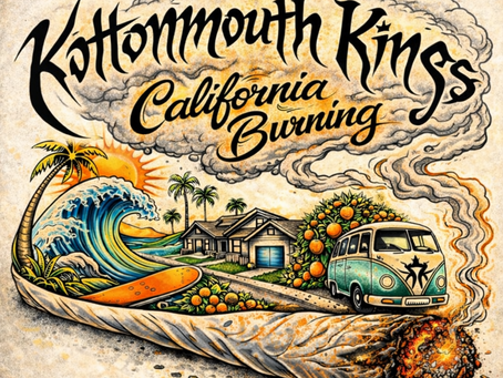 Graphic poster reading Kottomouth Kings California Burning, with smoke, burning log, surf wave, palm trees, van, and house.