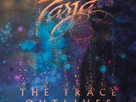 Abstract blue, purple, and orange album cover with swirling paint splatters and the title THE TRACE OUTLIVES.