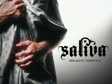Hands clutch a patterned shirt beside the title Saliva: Breaking Through on a white background.
