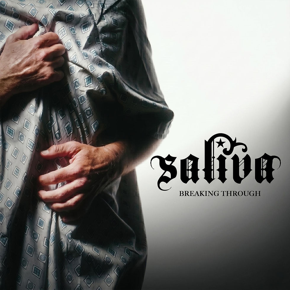 Hands clutch a patterned shirt beside the title Saliva: Breaking Through on a white background.