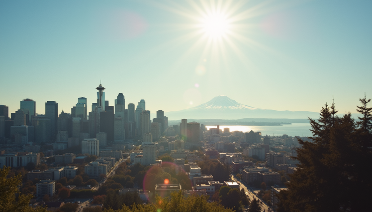 Eye-level view of Seattle skyline with Mount Rainier in the background