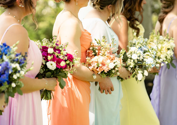 pastel dresses, wedding flowers, bridesmaids' bouquets, spring wedding