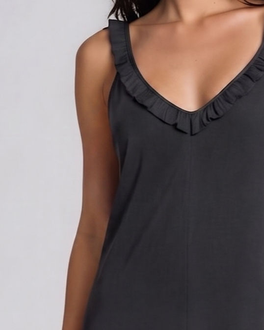 Thumbnail: Dark dress with ruffled V-neckline