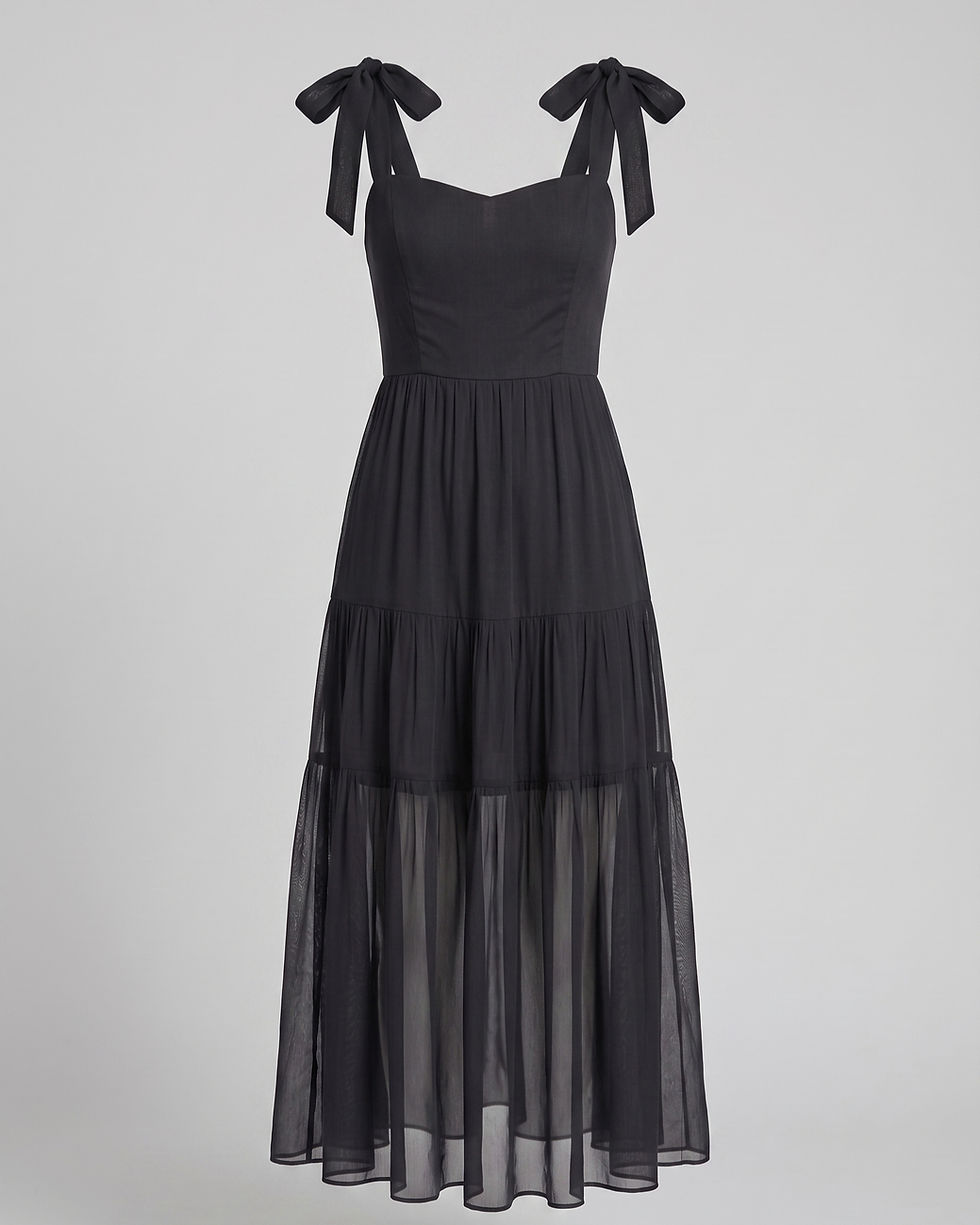 Thumbnail: Black dress with tie-shoulder straps and tiered skirt