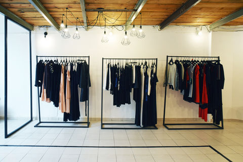 Elegant dresses on display in a boutique