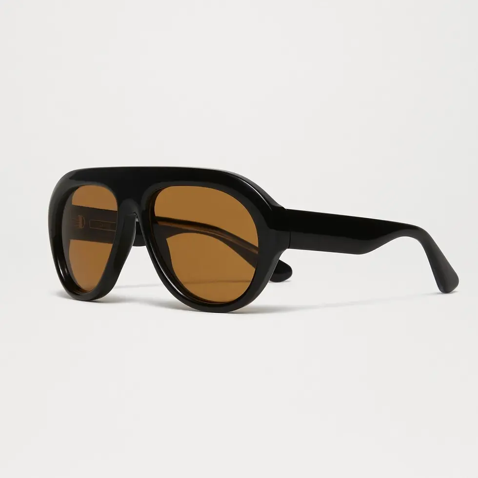 Thumbnail: Black sunglasses with brown lenses on white background for eye protection.