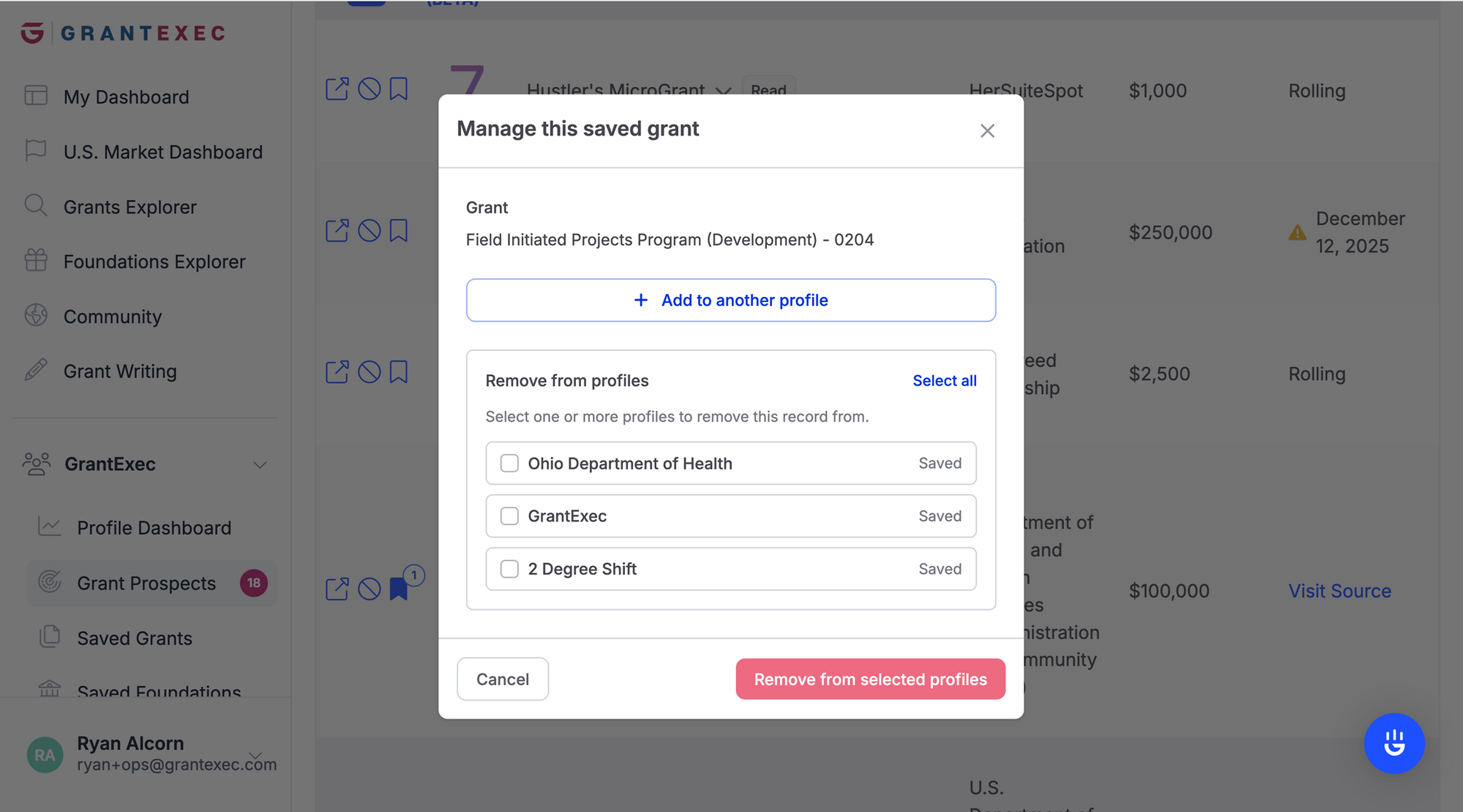 The GrantExec Platform - Saved Grant Management