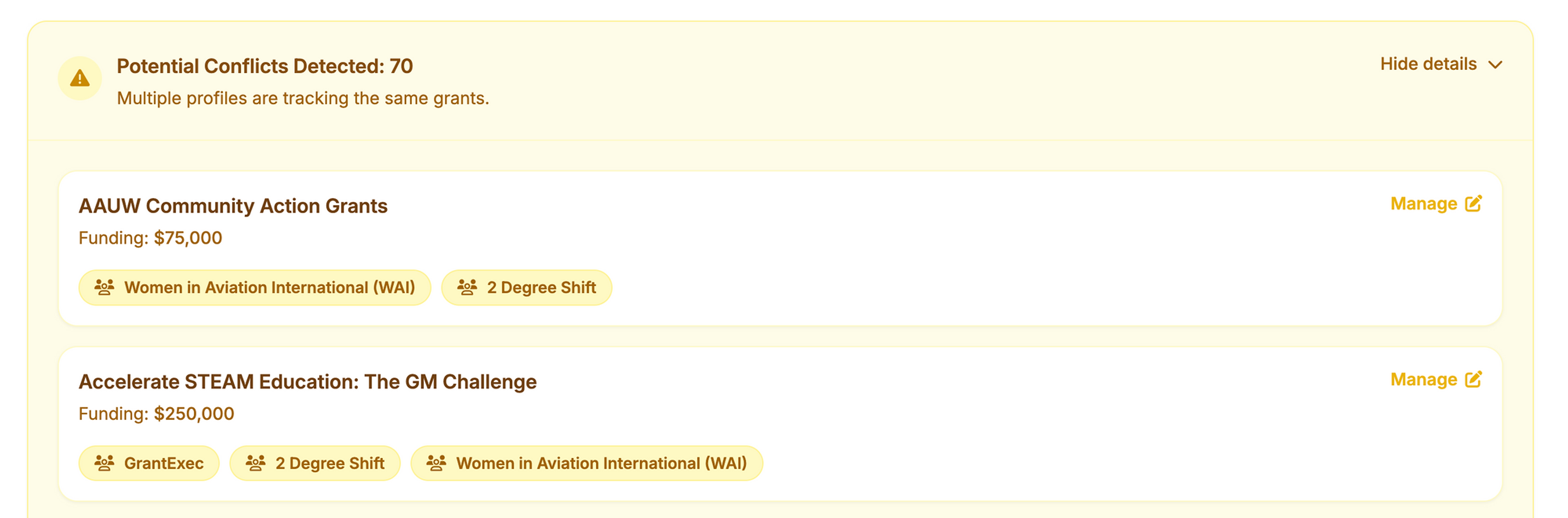 The GrantExec Platform - My Dashboard view - Potential Conflicts Tracker