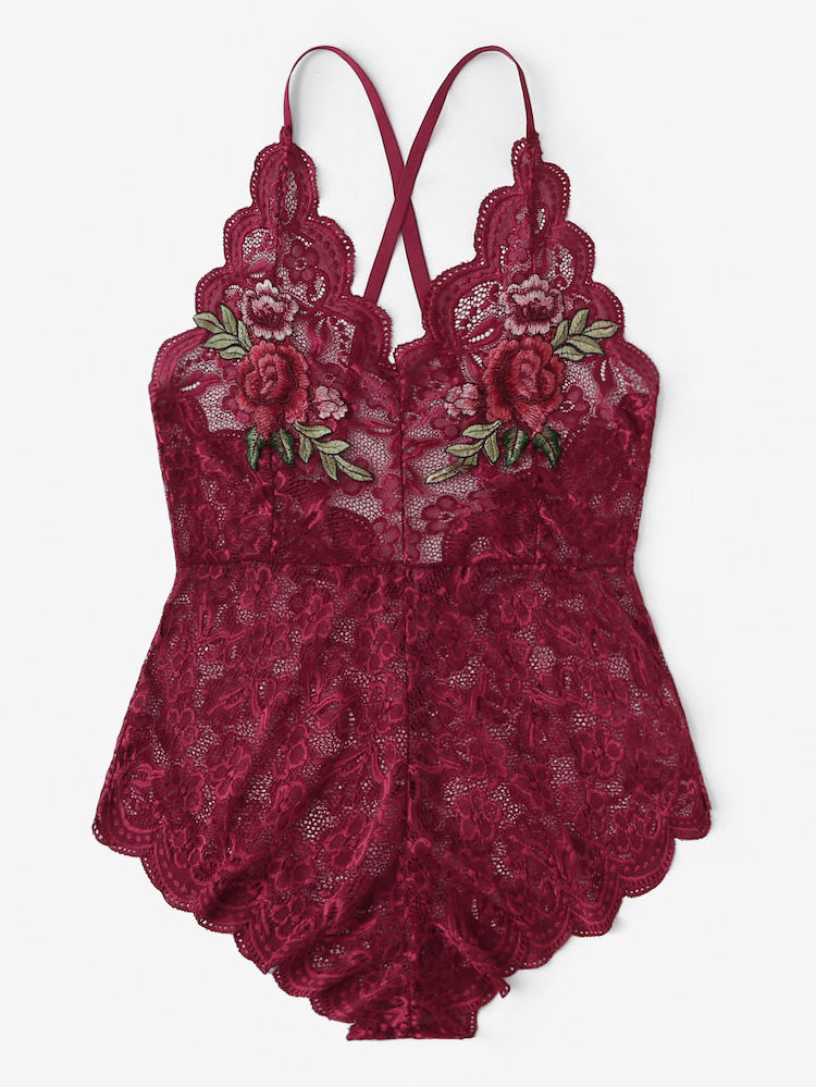 Thumbnail: Plus Criss Cross Appliques Scalloped Trim Lace Teddy Bodysuit