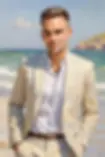 Painted image of Emil Jersling in a light suit with white shirt on a beach in front of the ocean.