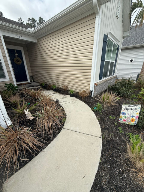 This front bed faded mulch, dead plants and is filled with weeds.