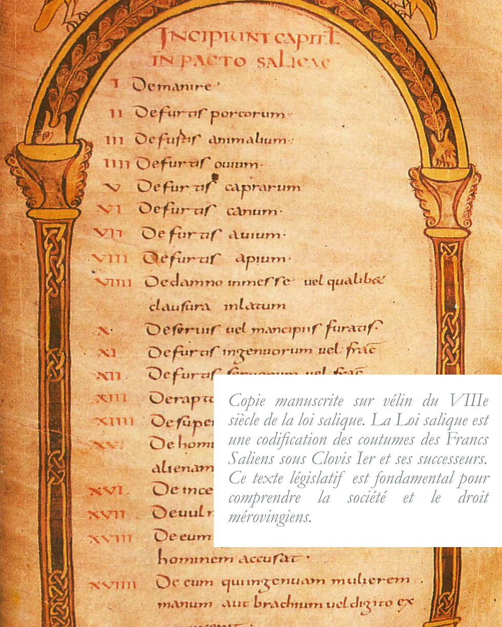 Manuscrit médiéval coloré de la Loi Salique avec titre en lettres ornées et figure humaine.