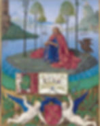 Miniature de Saint Jean à Patmos, enluminure du XVe siècle attribuée à Jean Fouquet, représentant l’évangéliste rédigeant l’Apocalypse, accompagné de son symbole l’aigle, dans un paysage symbolique de révélation divine.