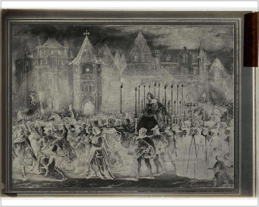 Ce négatif sur plaque de verre, inspiré de l’œuvre de Louis Boulanger, représente une scène tirée de la Fête des Fous telle qu’elle est décrite dans Notre-Dame de Paris de Victor Hugo (1831). Au centre, le "Pape des Fous" est porté en triomphe sur une estrade par une foule en liesse. Autour de lui, des personnages vêtus de tenues excentriques et grotesques forment un cortège animé, traversant un décor urbain dominé par une architecture gothique. La scène est baignée d’une lumière dramatique, accentuant le contraste entre les éléments festifs et l’atmosphère solennelle de l’arrière-plan.