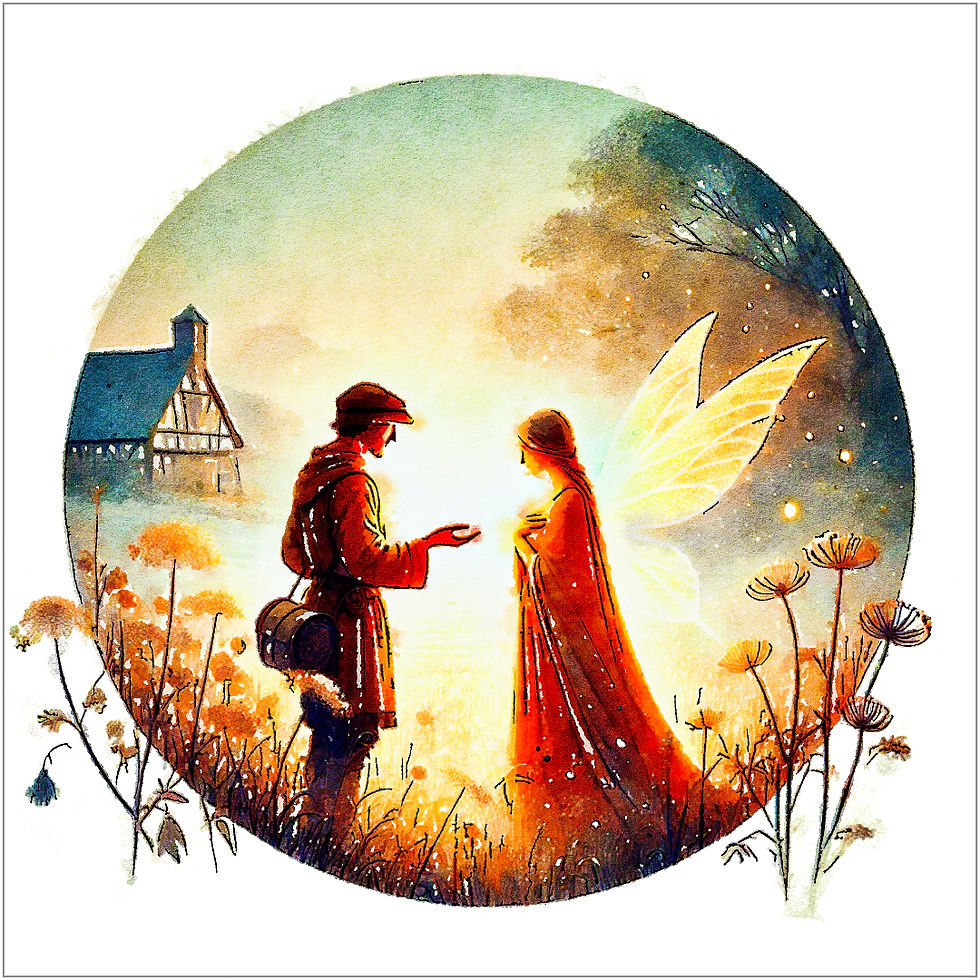 Un paysan breton rencontre une fée au crépuscule, dans une clairière baignée de lumière dorée. Cette scène illustre les légendes où les fées, figures ambivalentes, offrent des trésors ou des conseils à ceux qui croisent leur chemin, mais toujours avec prudence, car leurs dons peuvent être aussi bien une bénédiction qu’une malédiction.