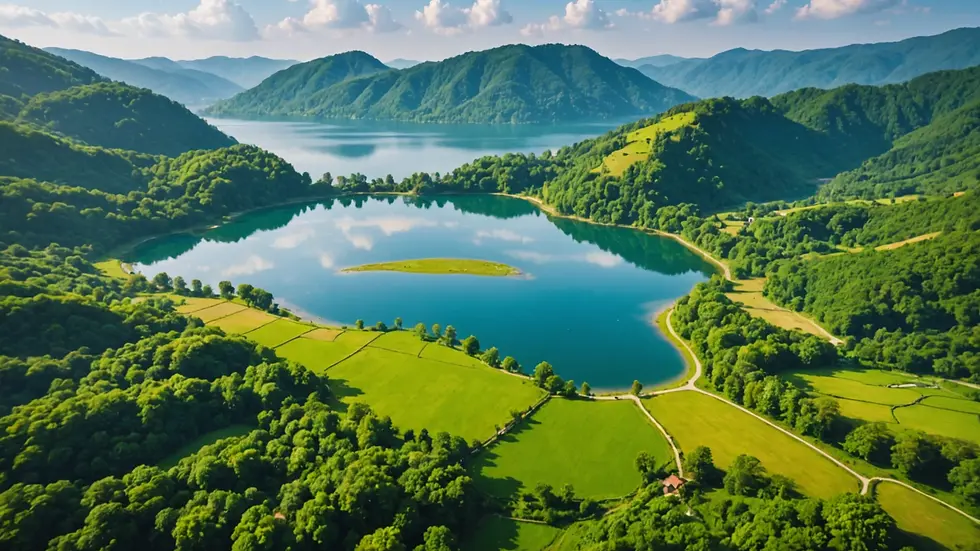 High angle view of peaceful lake surrounded by lush greenery