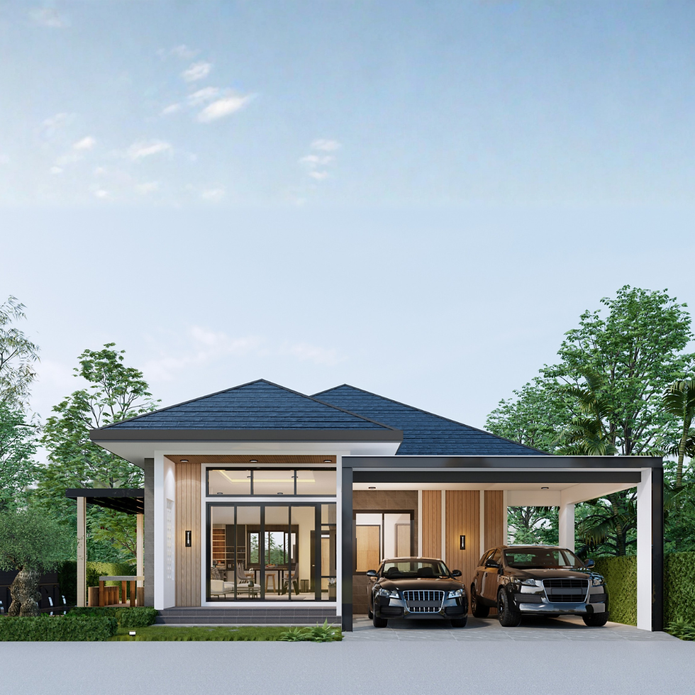 Modern house with a blue roof, two cars parked outside. Large windows, wooden panels. Green trees and clear sky in the background.