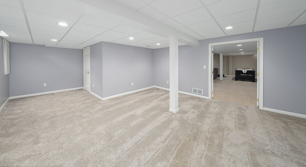 Finished basement with gray walls and light carpet