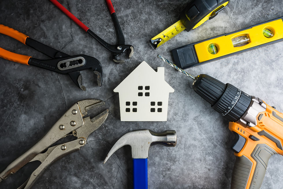 wooden-white-house-toy-construction-tools-gray-black-cement-floor-background-with-copy-spa