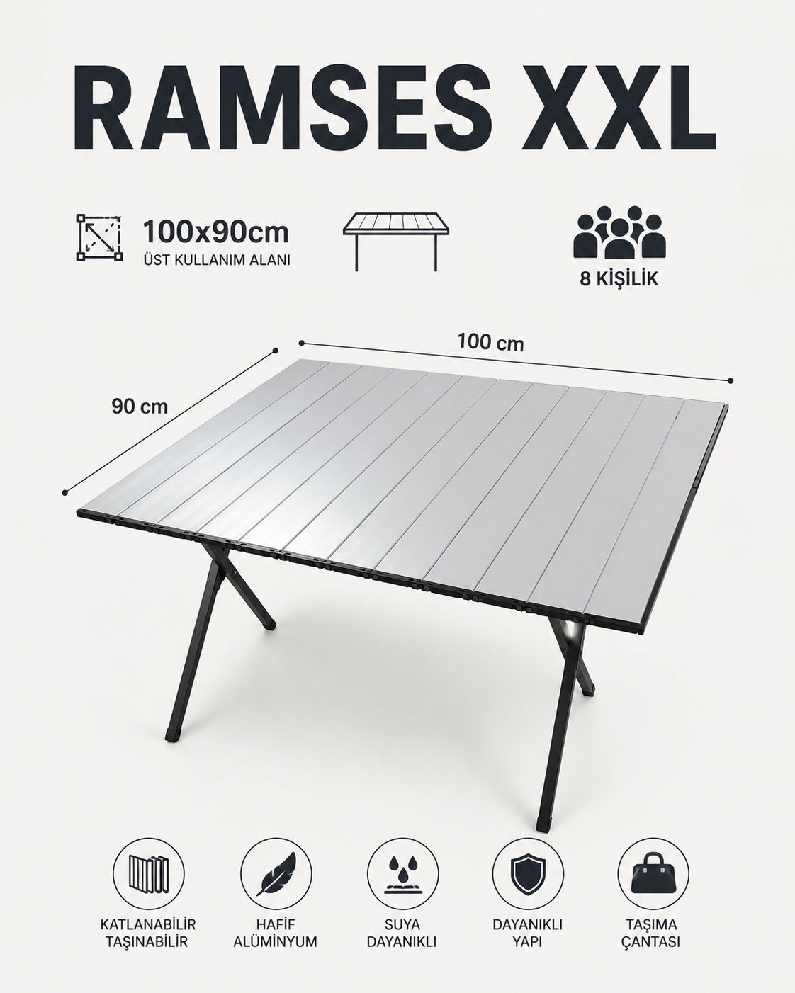 RAMSES PREMIUM XXL , GRİ 8 KİŞİLİK KATLANIR ALM MASA