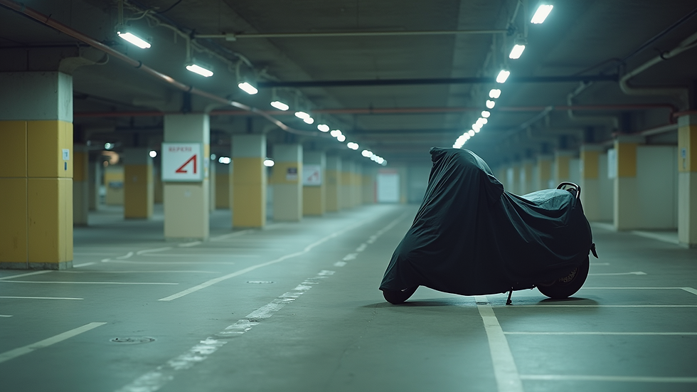 Vue en plongée d’un scooter couvert d’une housse imperméable dans un parking