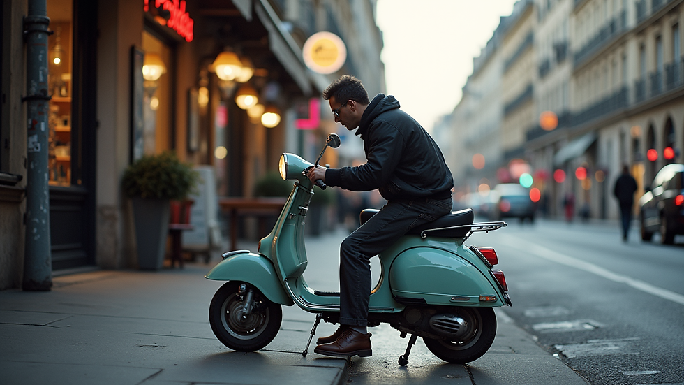 Vue en plongée d’un dépanneur réparant un scooter sur le trottoir à Paris