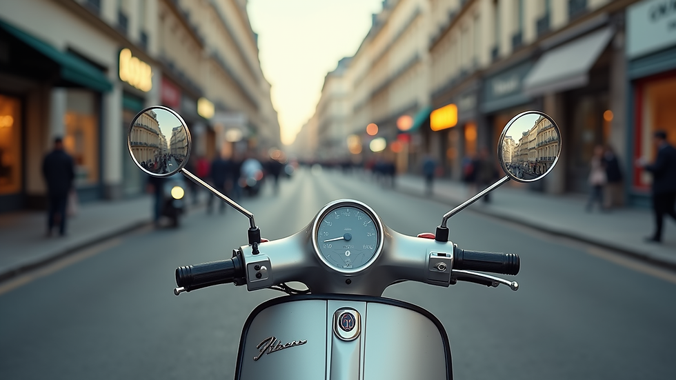 Vue rapprochée d'un scooter en stationnement dans une rue parisienne