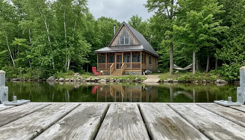 Lakefront vacation rental cottage in Lake City MI reflected in calm water, wooden dock in foreground, green trees framing the roofline.