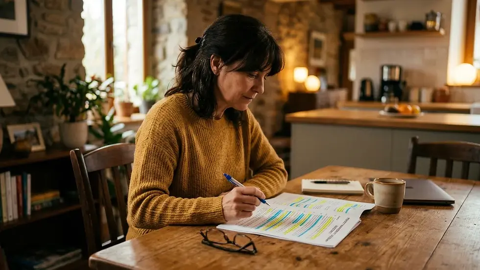 Vacation rental owner reviewing property management contract fee percentage and ancillary costs at kitchen table