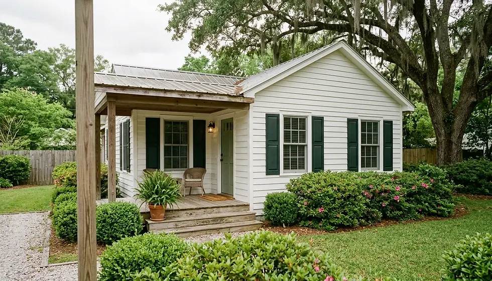 Cottage-style short term rental home exterior in Conway SC with covered porch, green shrubs, and live oak tree