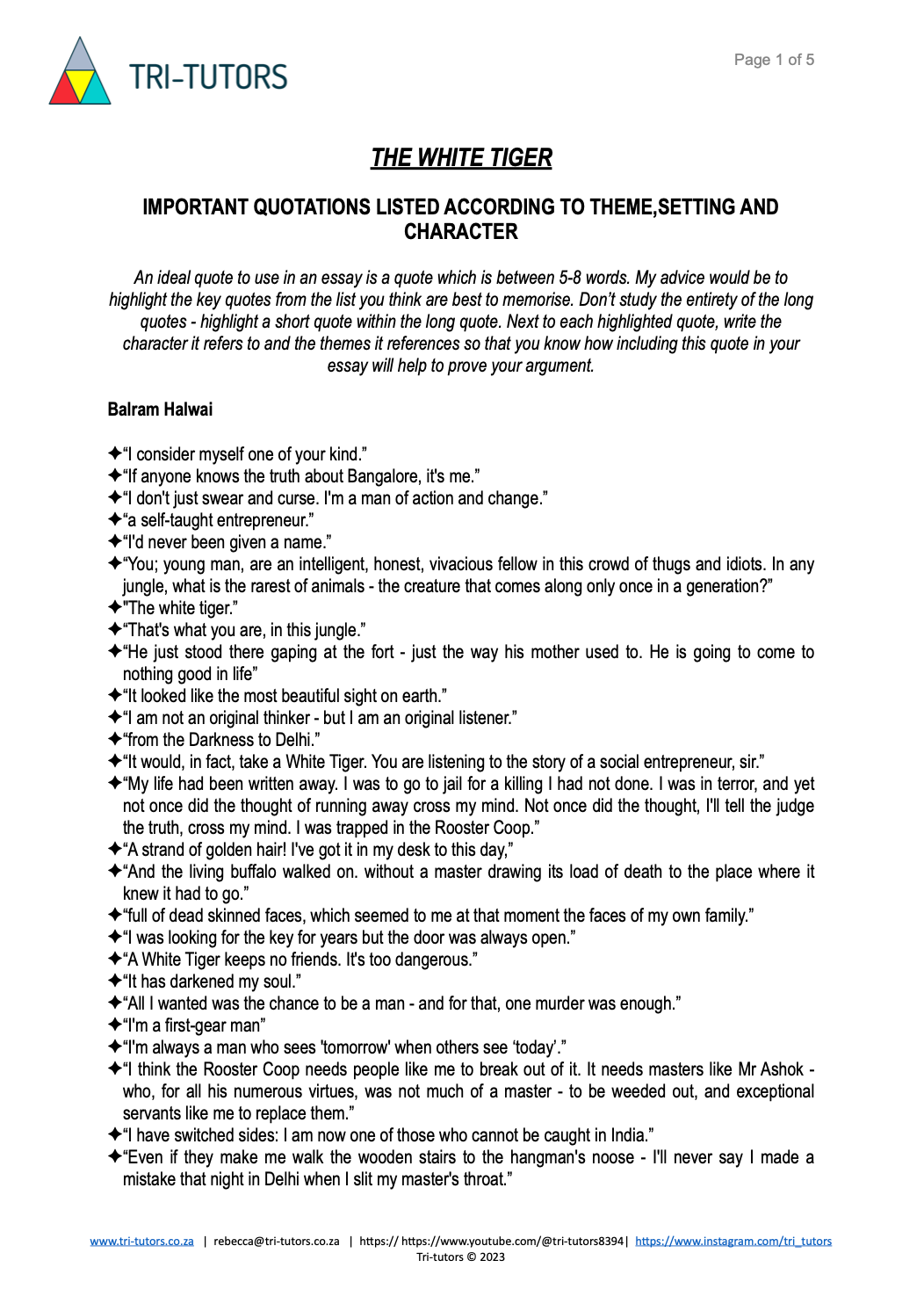 The White Tiger - Quotes list by character and theme