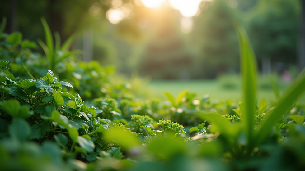 Eye-level view of a lush green garden with various plants