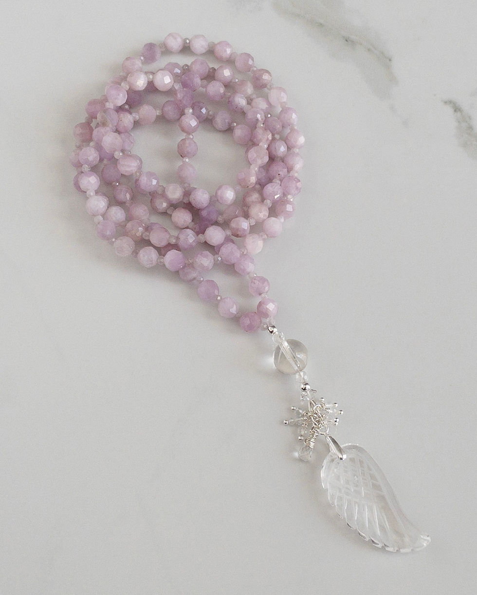 Thumbnail: ANGEL WING MALA - KUNZITE & CLEAR QUARTZ ANGEL WING