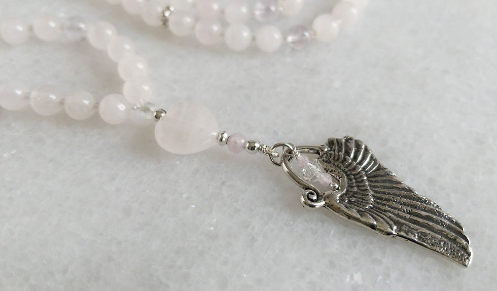 Thumbnail: ANGEL WING MALA - ROSE QUARTZ, AMETHYST & WHITE TOPAZ