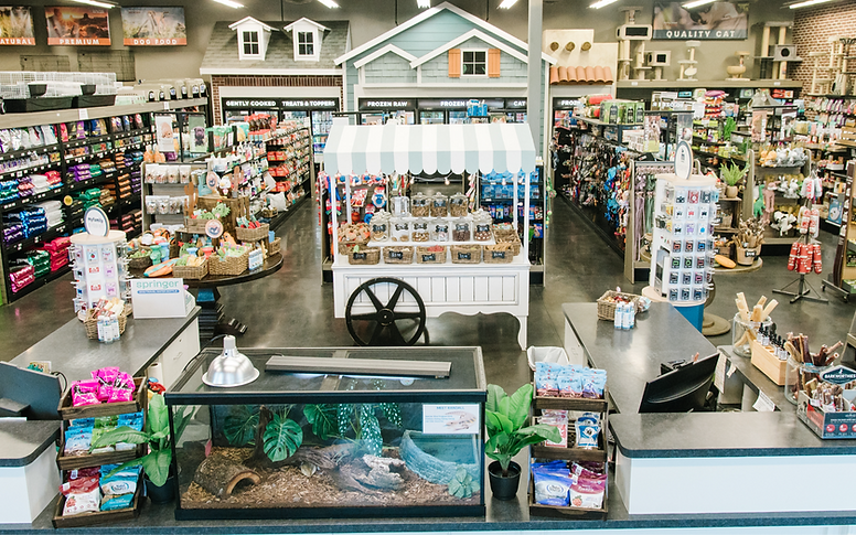 Interior of a pet store with shelves and displays