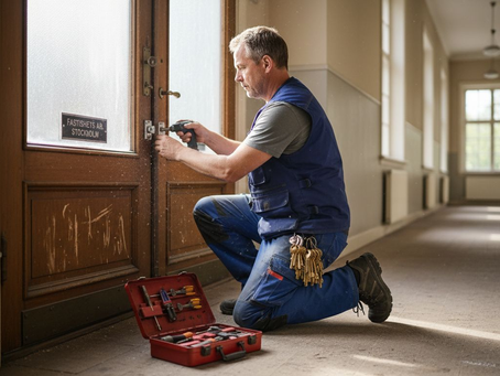 En låssmed monterar nya lås vid entrén till fastigheten.