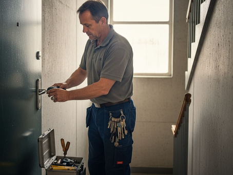 En låssmed sätter in nya lås i trappuppgången.