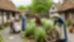 depiction of medieval era women working with herbs in a community kitchen garden