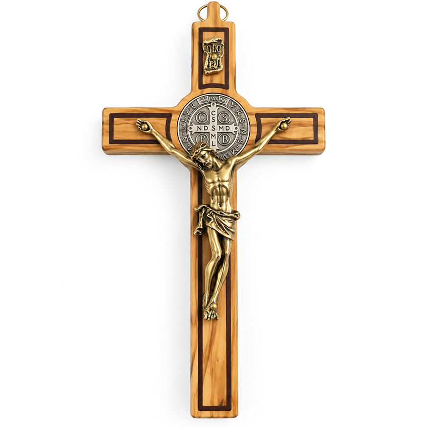 St Benedict Cross Olive Wood - Metal Corpus