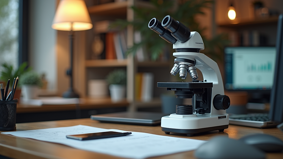 Eye-level view of a modern microscope on a wooden desk