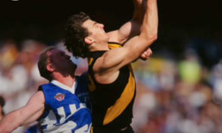 Brendon Gale takes a mark closely followed by Mick Martyn.