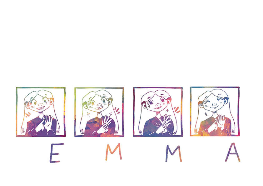 Four little icons of a simple illustration of the author, in Each handshape spell