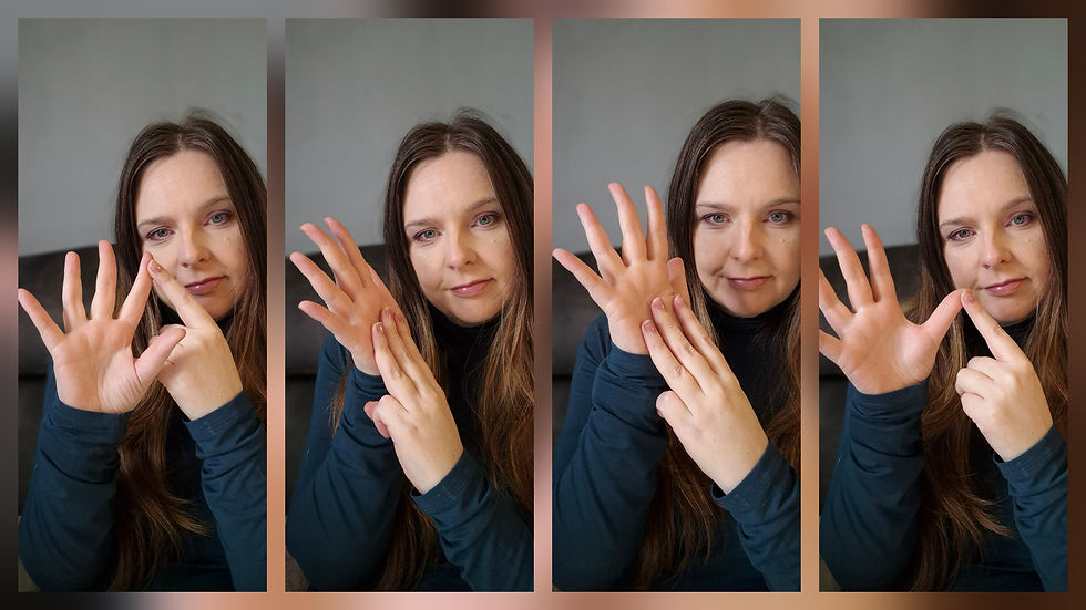 Woman in blue top signs with her hands in four panels against a gray background, expressing varied gestures and calm expression. BSL Finger Spelling Emma