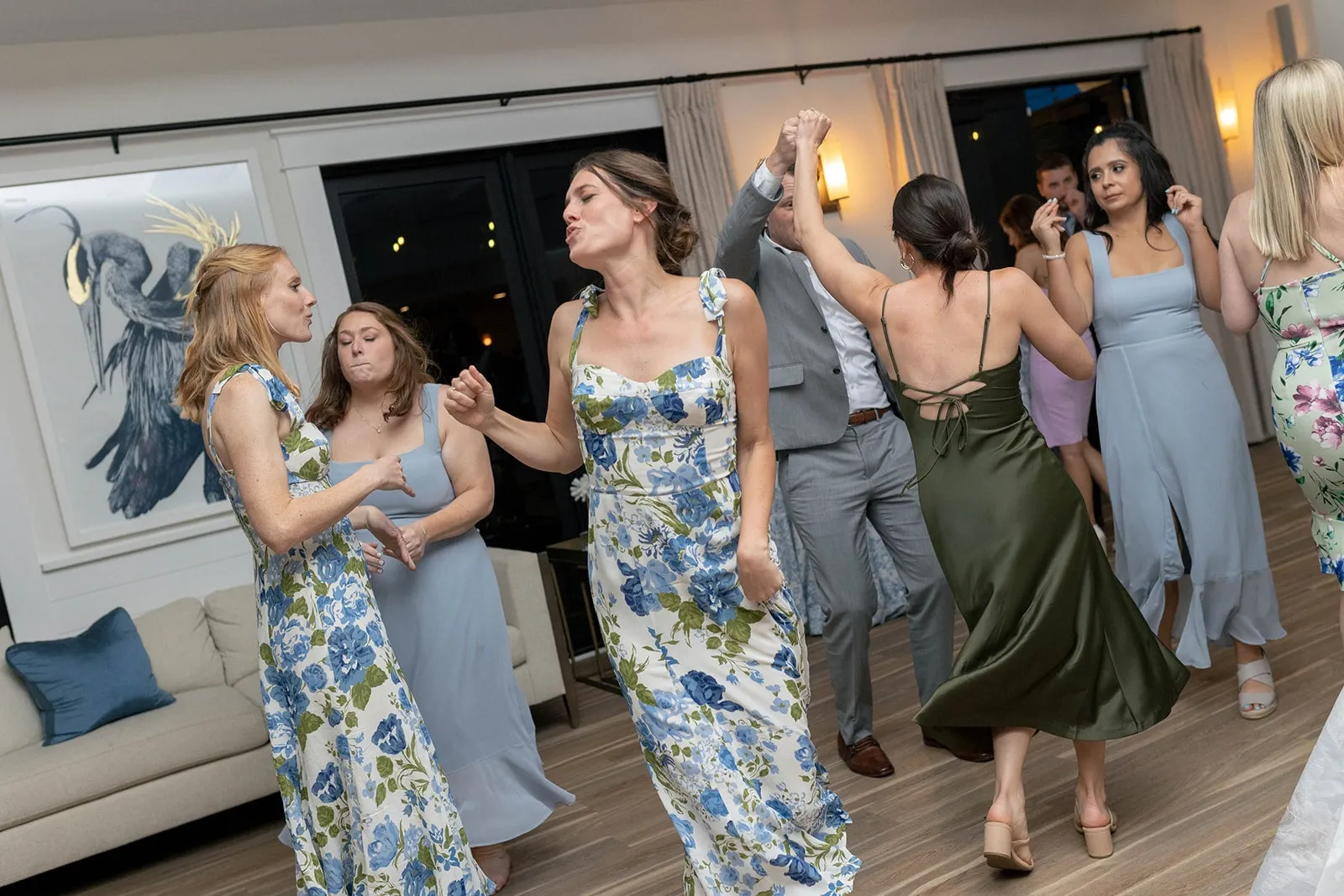 bridesmaids and guests dancing at wedding