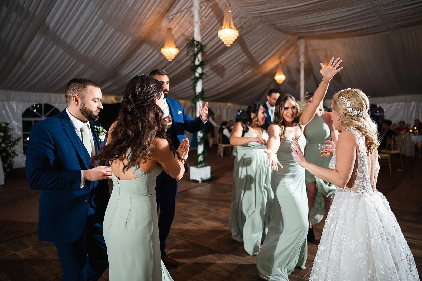 bride, groom, and bridesmaids dancing at wedding
